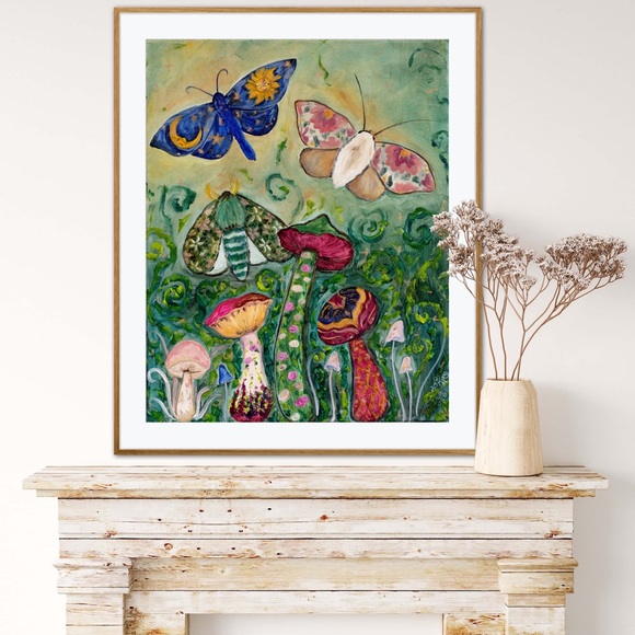 Gypsy Moths Mushrooms Art Print Oil Painting Colorful Whimsical fantasy nature - Picture 3 of 7